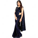 Generic Women's Lycra Floral Saree With Unstitched Blouse (Blue, 5.5 Mtr)