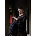 Generic Women's Silk Printed Saree With Unstitched Blouse 5.5Mtr (Black)
