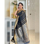 Generic Women's Silk Printed Saree With Unstitched Blouse 5.5Mtr (Black)