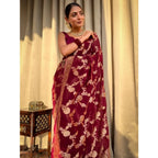 Generic Women's Silk Printed Saree With Unstitched Blouse 5.5Mtr (Maroon)