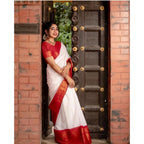 Generic Women's Silk Printed Saree With Unstitched Blouse 5.5Mtr (White)