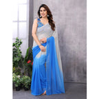 Generic Women's Small Lace Georgette Solid Ready-to-Wear Saree With Unstitched Blouse 5.5 Mtr (Grey-Blue)