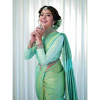 Generic Women's Soft Lichi Silk Printed Saree With Unstitched Blouse 5.5Mtr (Light Green)
