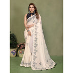 Generic Women's Linen Cotton Printed Saree With Unstitched Blouse 5.5Mtr (Off White)
