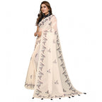 Generic Women's Linen Cotton Printed Saree With Unstitched Blouse 5.5Mtr (Off White)