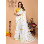 Generic Women's Linen Cotton Printed Saree With Unstitched Blouse 5.5Mtr (White)