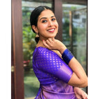 Generic Women's Litchi silk Printed Saree With Unstitched Blouse (Purple)