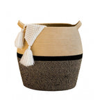 Generic Cotton Matka 14x12 Inch Storage Basket For Clothes With Out Lid (Beige-Black)