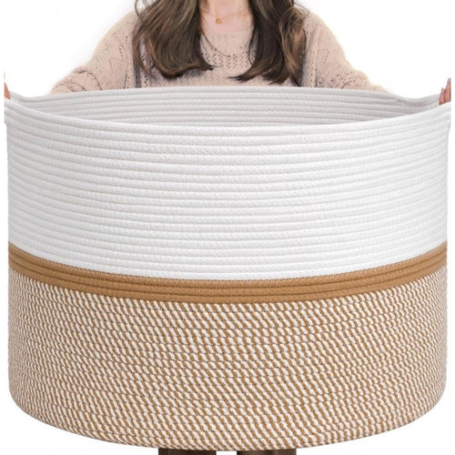 Generic Cotton Dori 16x14 Inch Storage Basket For Clothes With Out Lid (White-Beige-White)