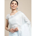 Generic Women's Linen Cotton Striped Saree With Unstitched Blouse 5.5Mtr (Sky Blue)