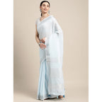 Generic Women's Linen Cotton Striped Saree With Unstitched Blouse 5.5Mtr (Sky Blue)