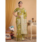 Generic Women's Linen Cotton Printed Saree With Unstitched Blouse 5.5Mtr (Mustard)