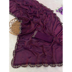 Generic Women's Satin Embellished Saree With Unstitched Blouse 5.5Mtr (Wine)
